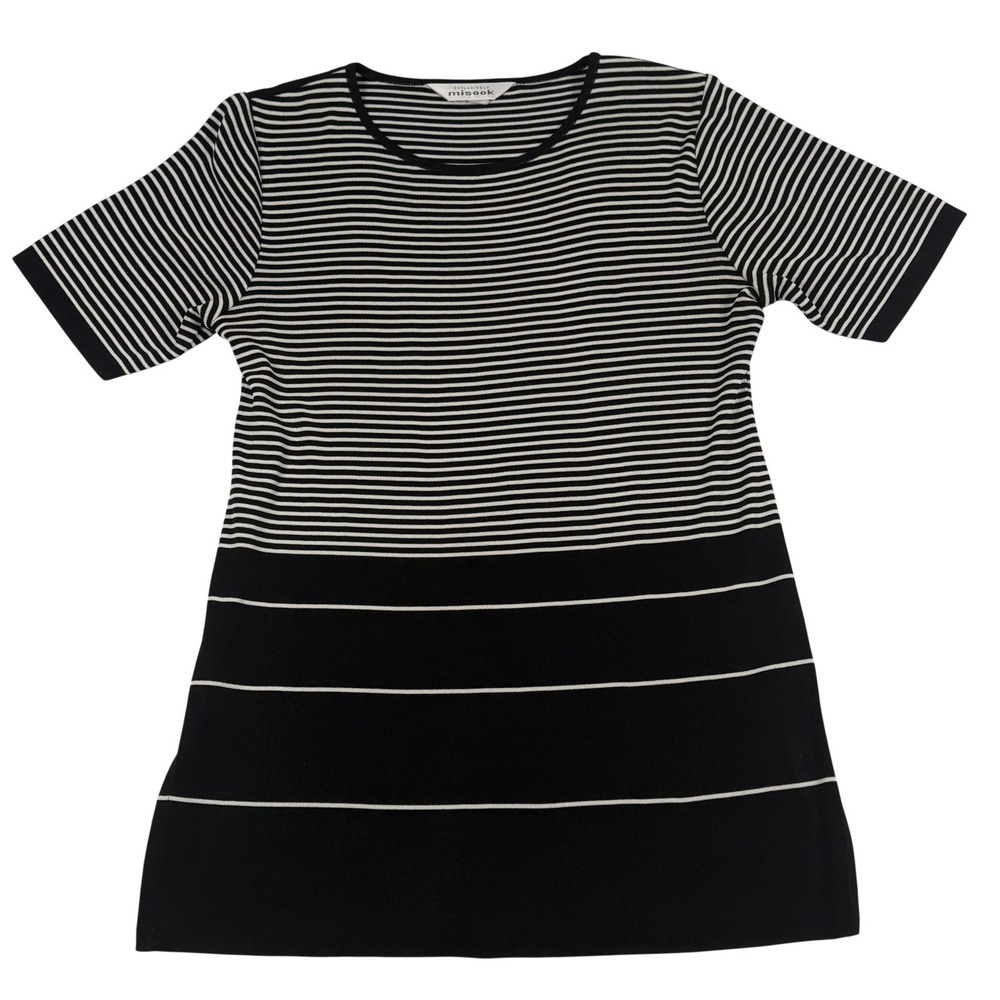Misook Tunic Top Medium Black White Striped Knit Classic Old Money Quiet Luxury